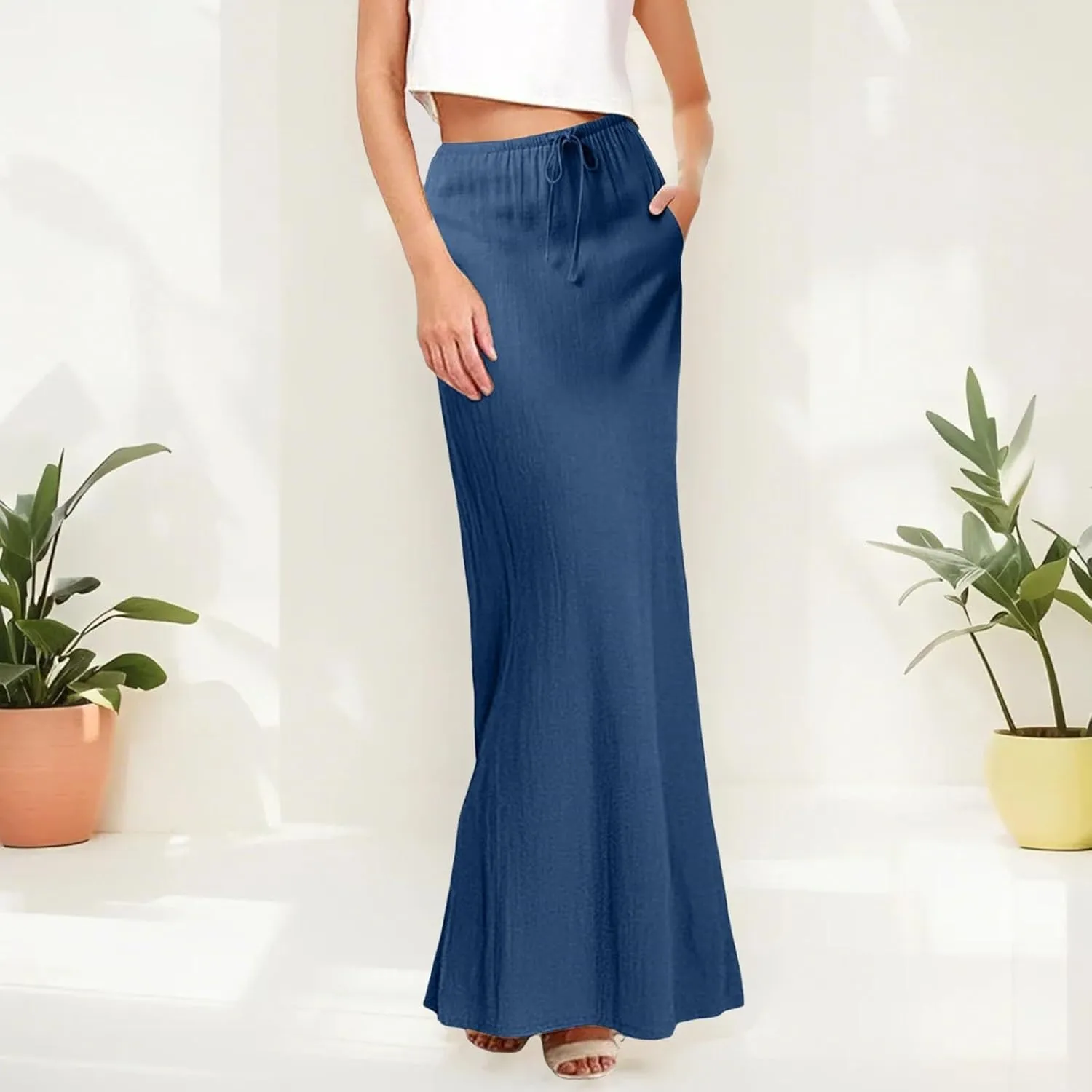 Womens Cotton Linen Maxi Skirt Trendy Boho Spring Summmer A Line Skirts Drawstring Waist Long Flowy Skirts