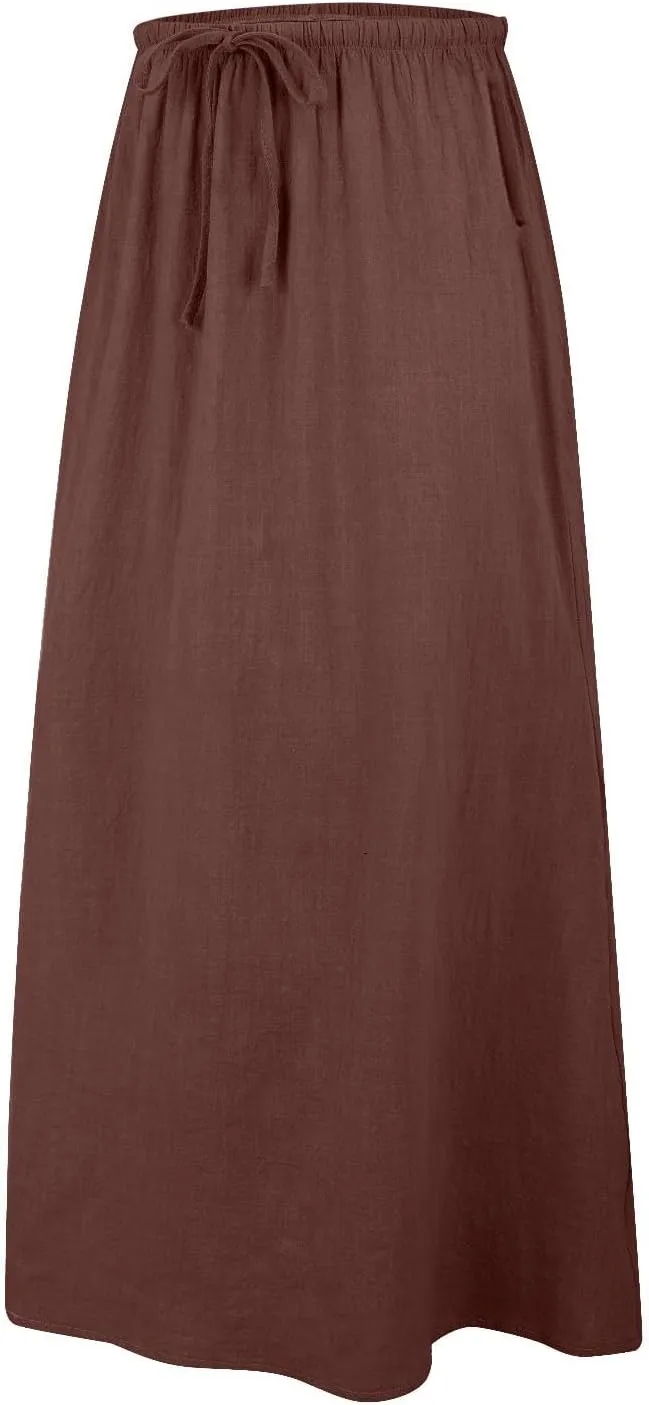 Womens Cotton Linen Maxi Skirt Trendy Boho Spring Summmer A Line Skirts Drawstring Waist Long Flowy Skirts
