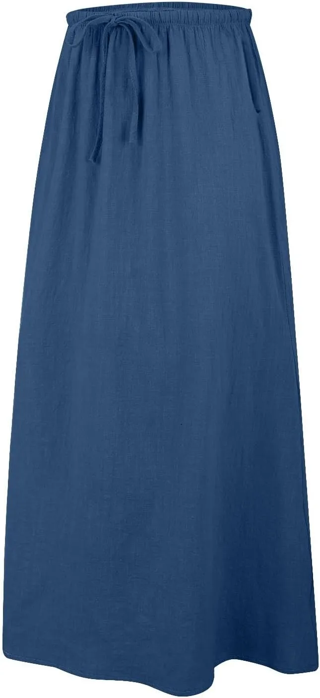 Womens Cotton Linen Maxi Skirt Trendy Boho Spring Summmer A Line Skirts Drawstring Waist Long Flowy Skirts