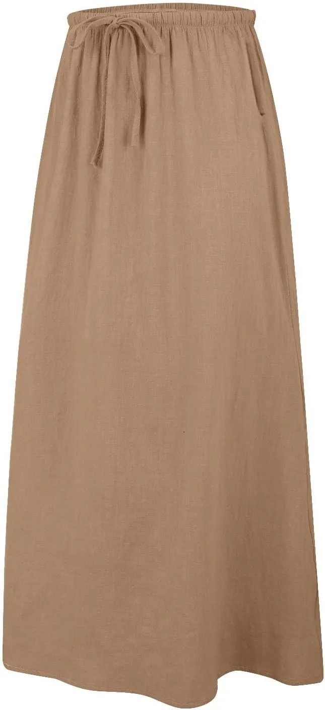 Womens Cotton Linen Maxi Skirt Trendy Boho Spring Summmer A Line Skirts Drawstring Waist Long Flowy Skirts