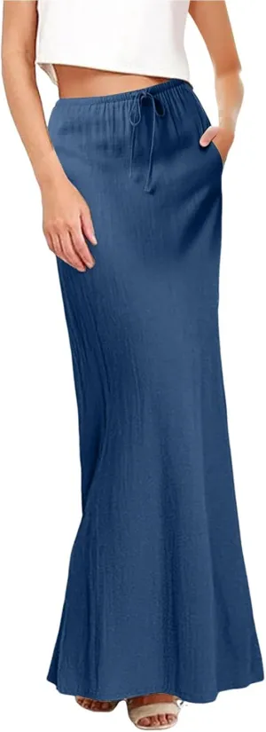 Womens Cotton Linen Maxi Skirt Trendy Boho Spring Summmer A Line Skirts Drawstring Waist Long Flowy Skirts