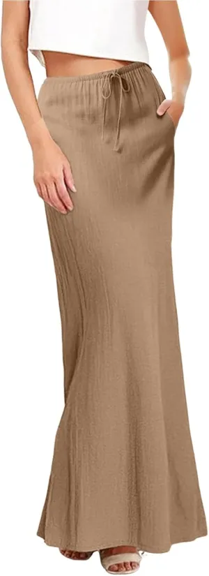 Womens Cotton Linen Maxi Skirt Trendy Boho Spring Summmer A Line Skirts Drawstring Waist Long Flowy Skirts