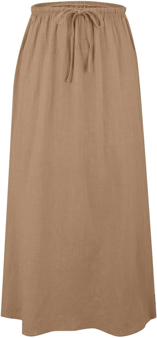 Womens Cotton Linen Maxi Skirt Trendy Boho Spring Summmer A Line Skirts Drawstring Waist Long Flowy Skirts