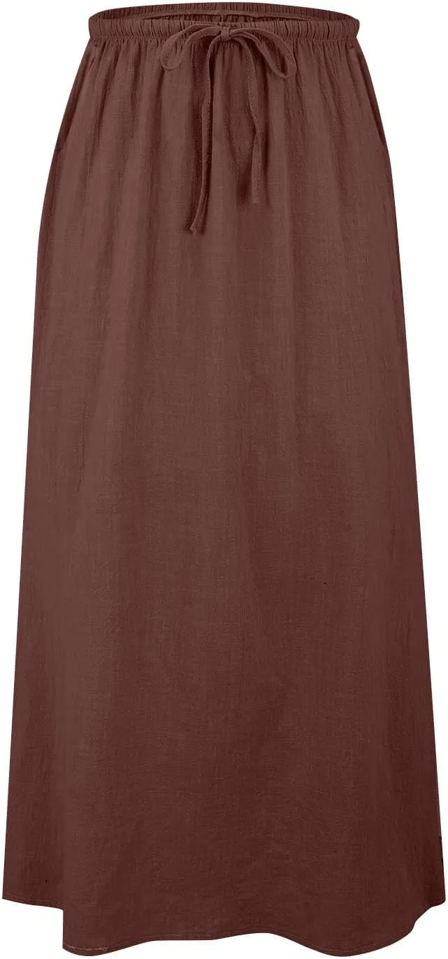 Womens Cotton Linen Maxi Skirt Trendy Boho Spring Summmer A Line Skirts Drawstring Waist Long Flowy Skirts