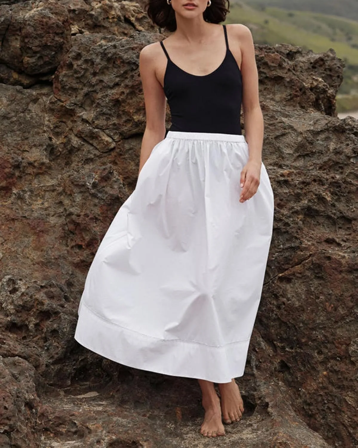 Women's Cotton Maxi Skirt Pleated Elastic Waisted Casual Long Skirts Flowy Boho A Line Beach Dress
