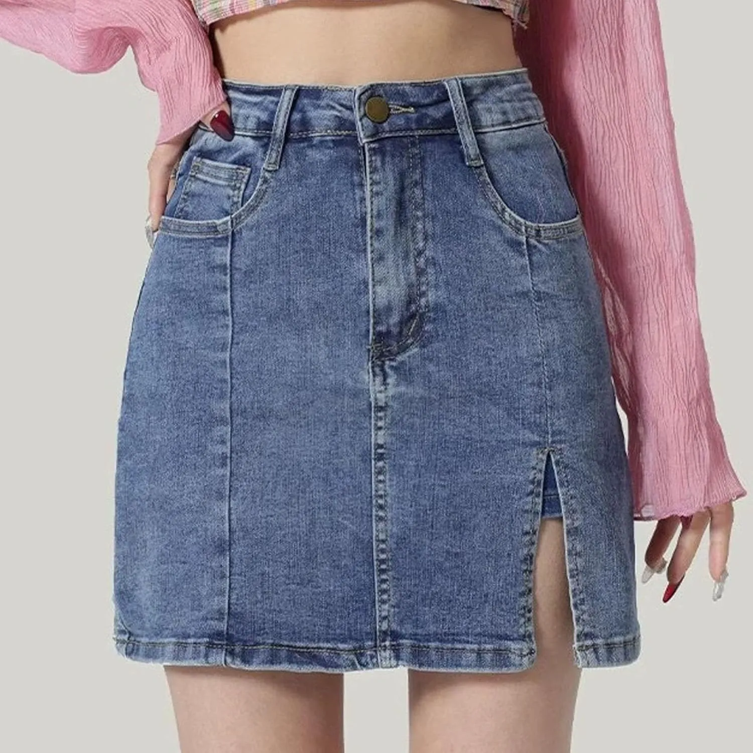 Womens Denim Skirt Above Knee Length Stretch High Waisted Teens Dressy Mini Jean Skirts Breathable Daily Streetwear