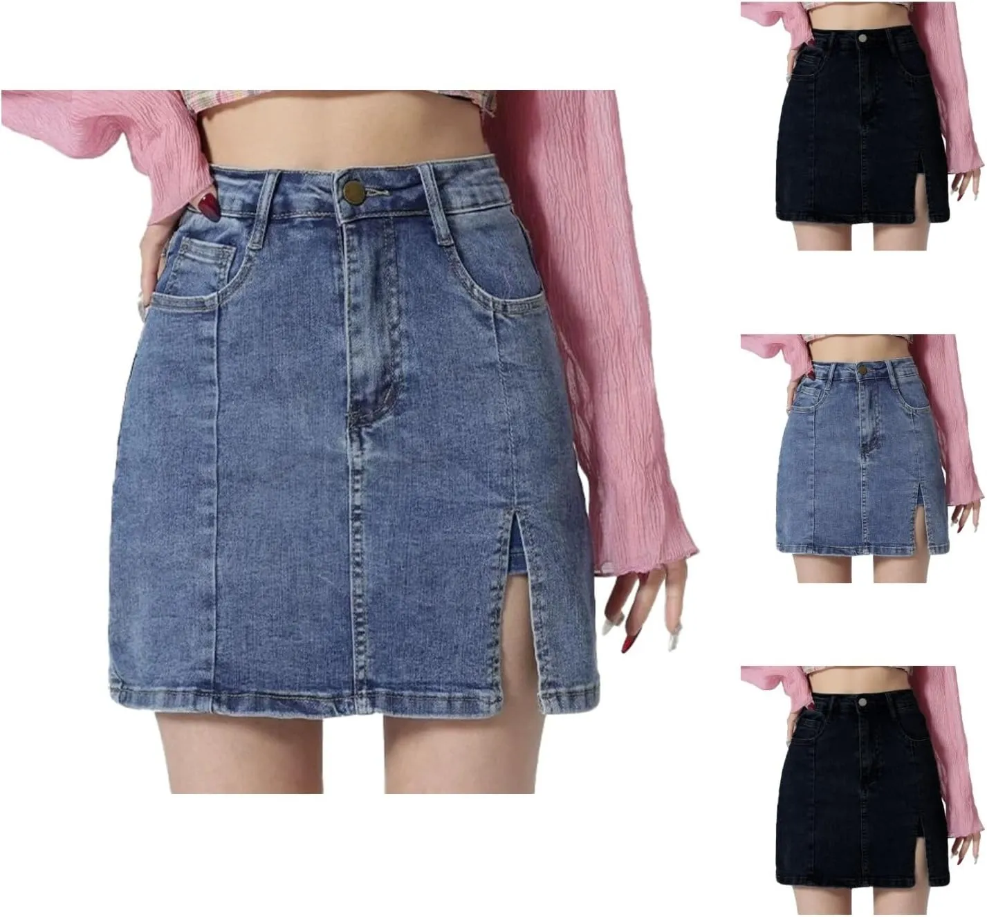 Womens Denim Skirt Above Knee Length Stretch High Waisted Teens Dressy Mini Jean Skirts Breathable Daily Streetwear