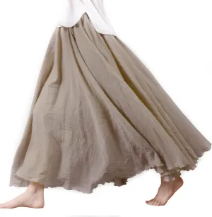 Women's Elastic Waist A Line Long Maxi Cotton Linen Skirt Bohemian Soft Lined Swing Skirt