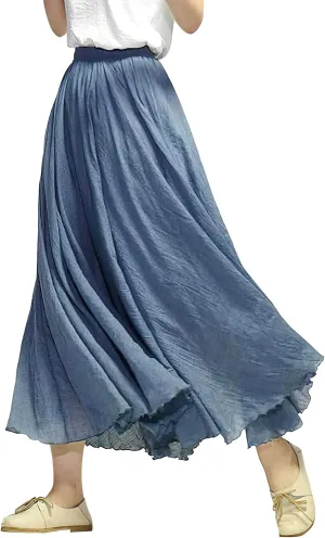 Women's Elastic Waist A Line Long Maxi Cotton Linen Skirt Bohemian Soft Lined Swing Skirt