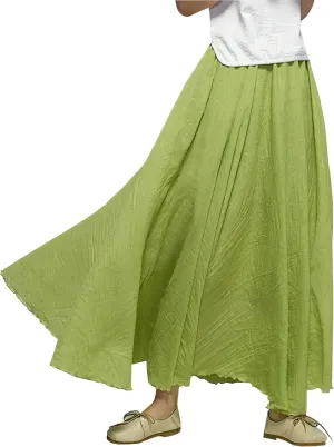 Women's Elastic Waist A Line Long Maxi Cotton Linen Skirt Bohemian Soft Lined Swing Skirt