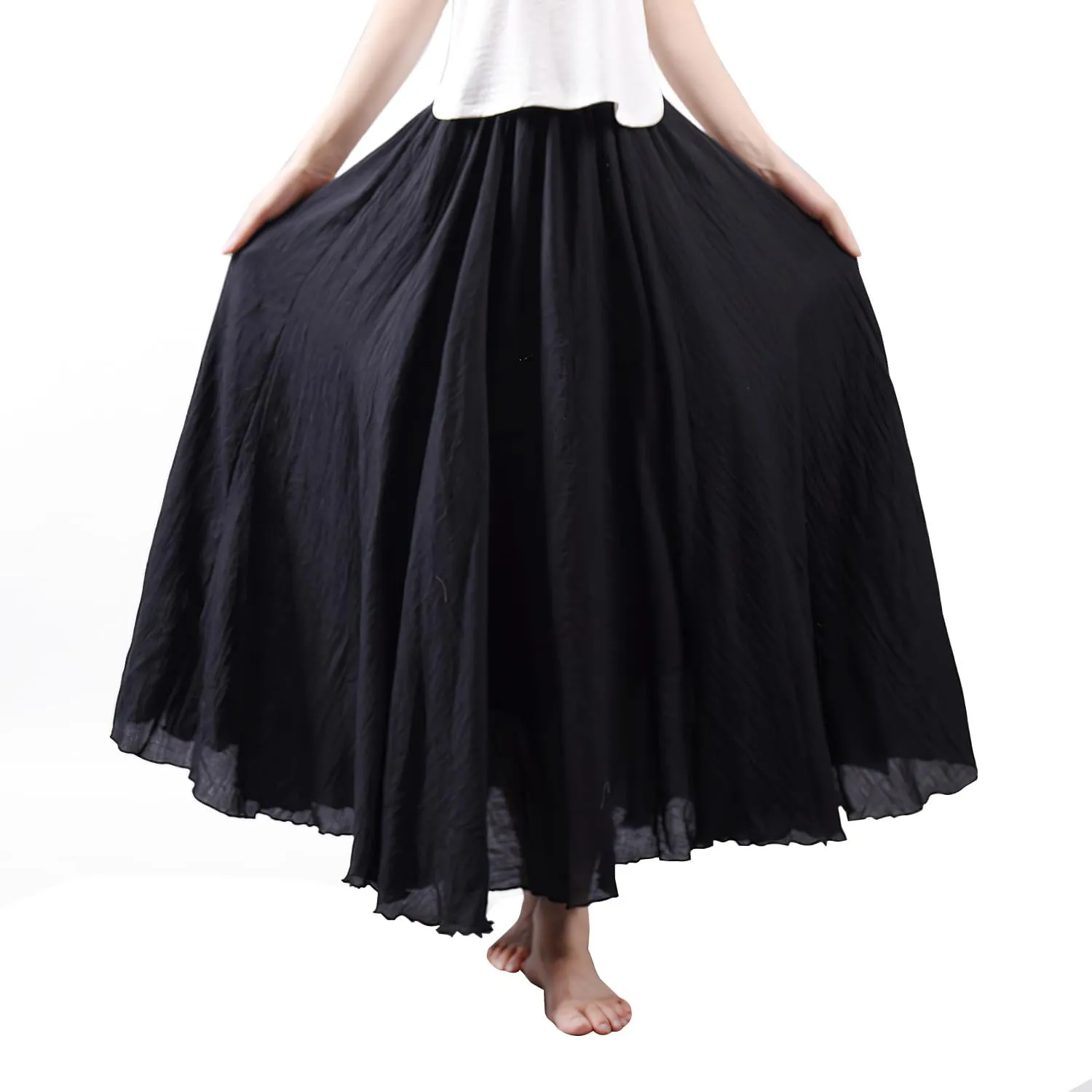 Women's Elastic Waist A Line Long Maxi Cotton Linen Skirt Bohemian Soft Lined Swing Skirt
