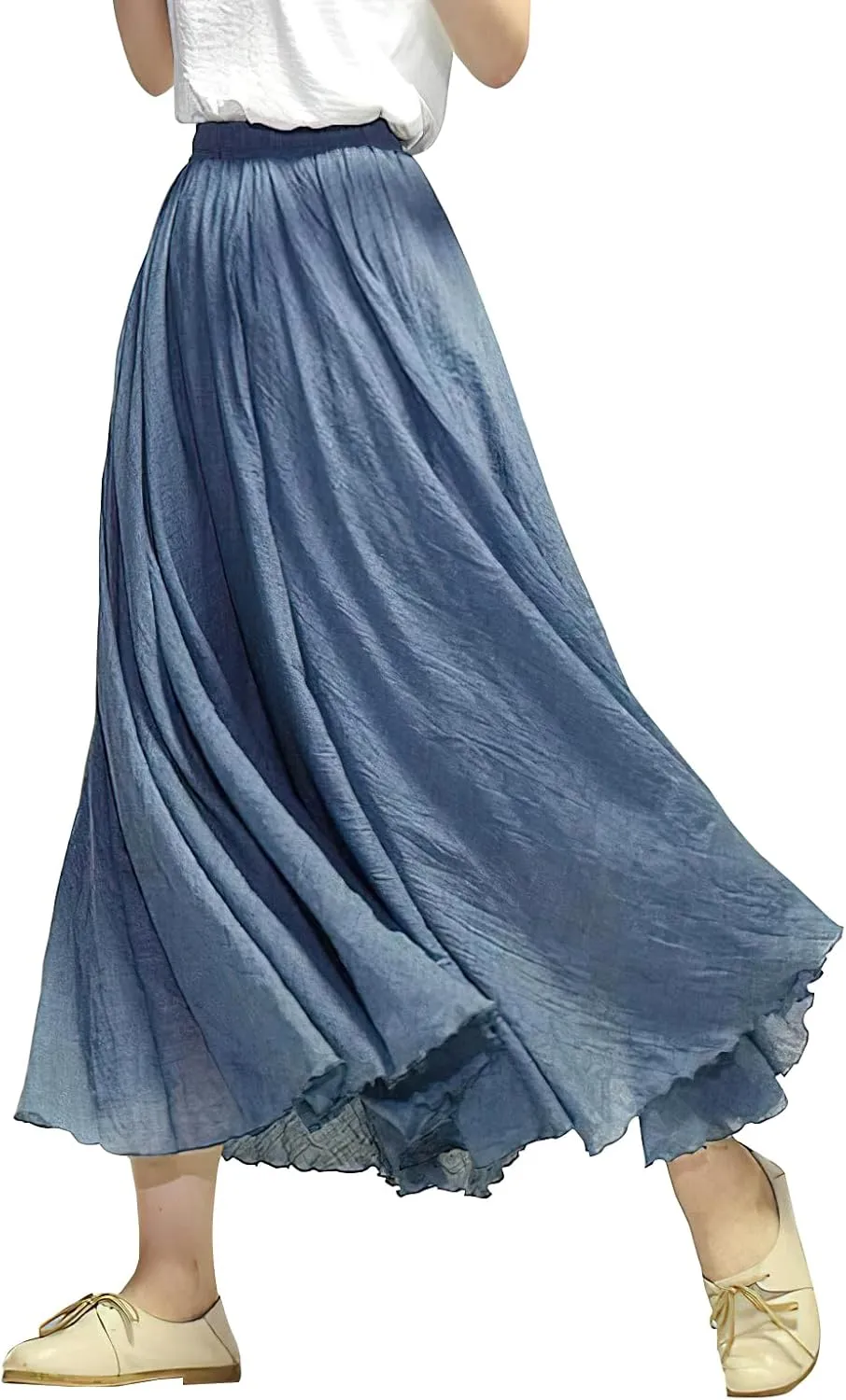 Women's Elastic Waist A Line Long Maxi Cotton Linen Skirt Bohemian Soft Lined Swing Skirt