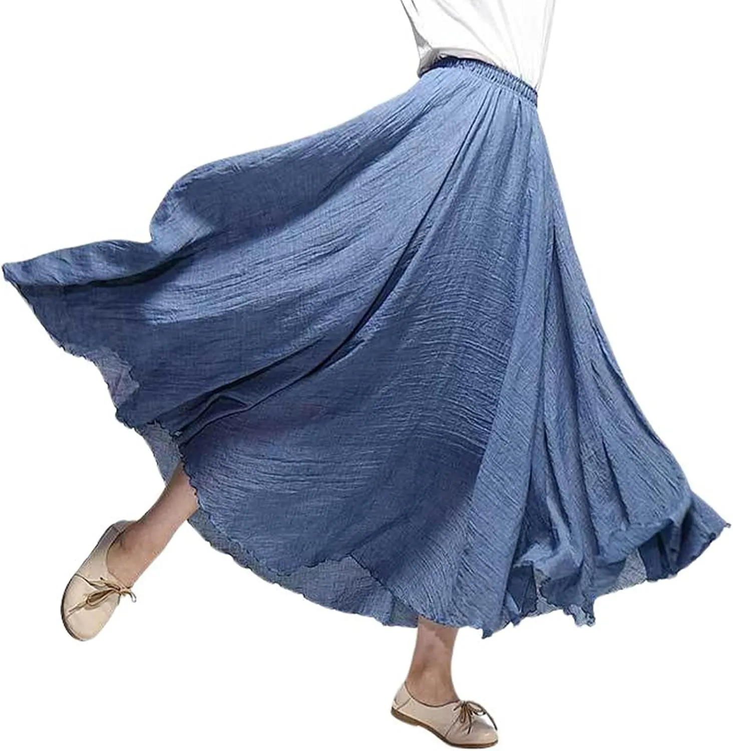 Women's Elastic Waist A Line Long Maxi Cotton Linen Skirt Bohemian Soft Lined Swing Skirt
