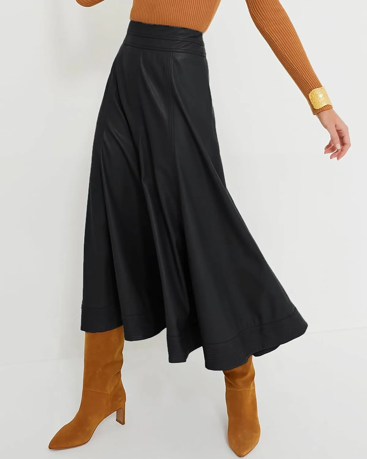 Women's Faux Leather Long Skirt High Waisted Pleated A Line Flare Skater Skirts