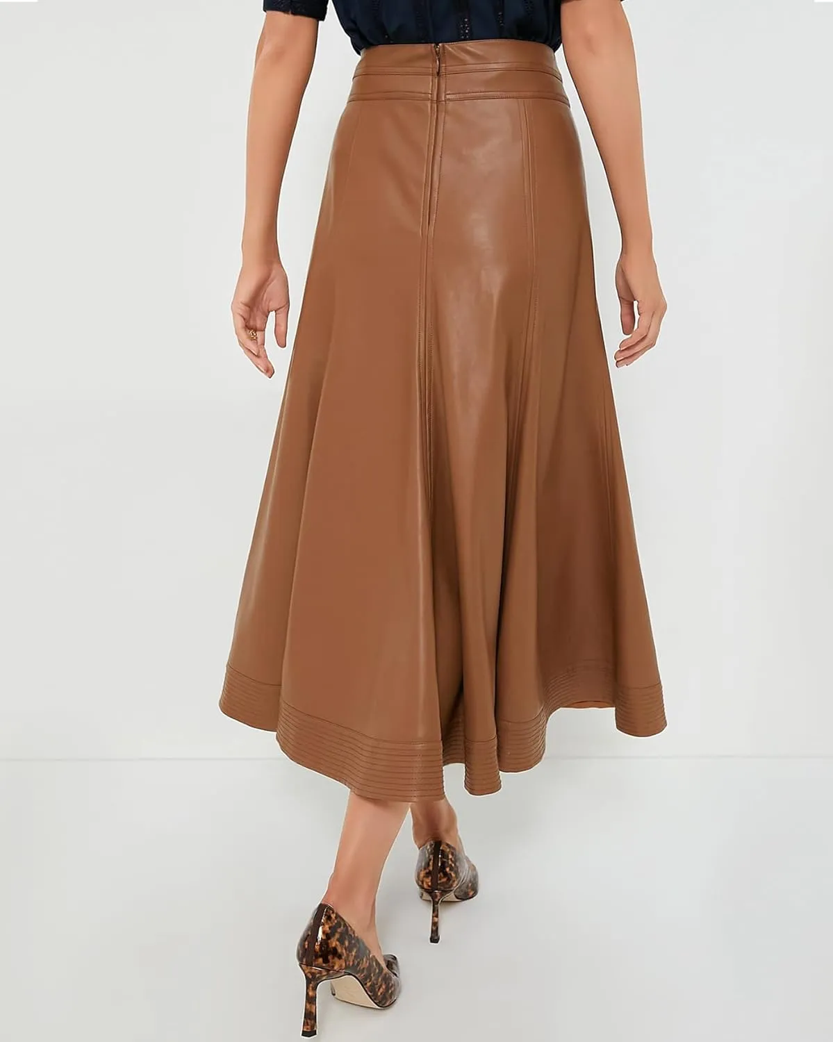 Women's Faux Leather Long Skirt High Waisted Pleated A Line Flare Skater Skirts