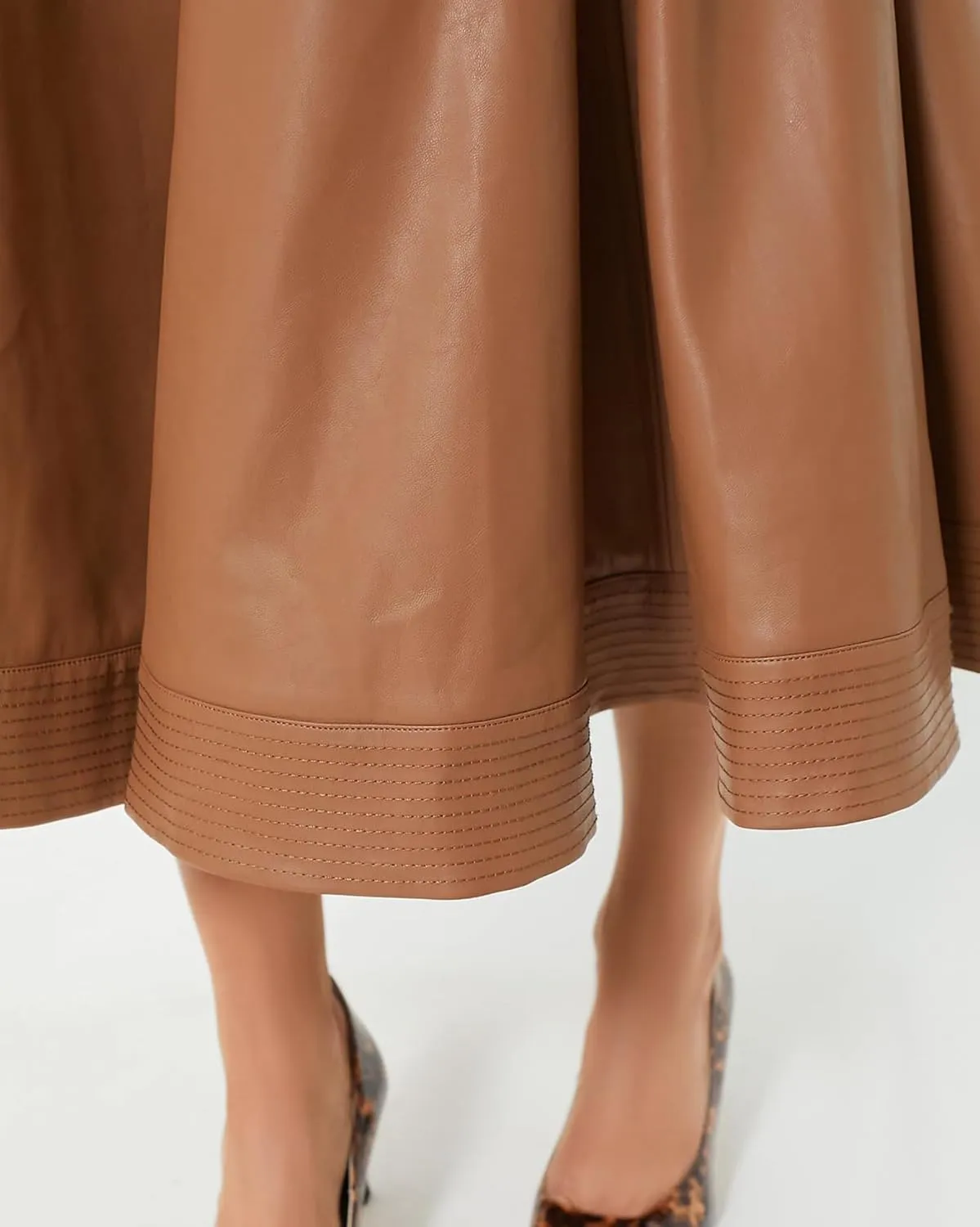 Women's Faux Leather Long Skirt High Waisted Pleated A Line Flare Skater Skirts