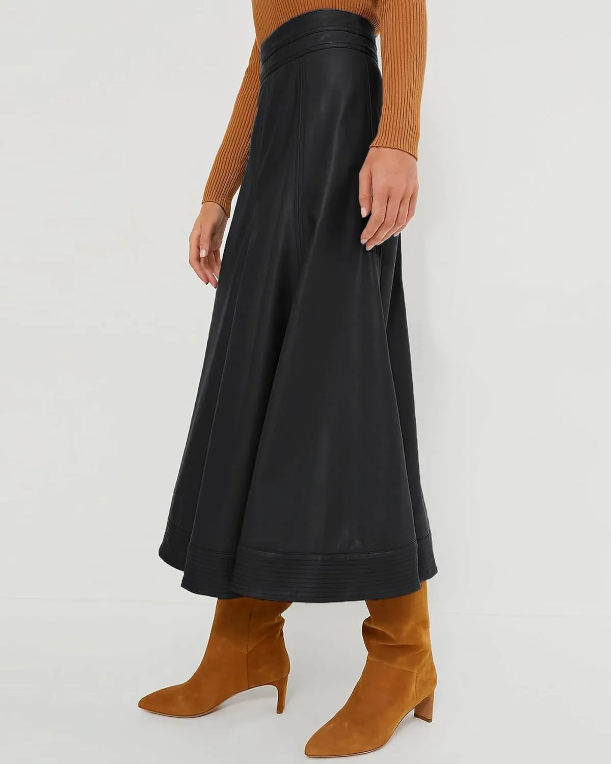 Women's Faux Leather Long Skirt High Waisted Pleated A Line Flare Skater Skirts