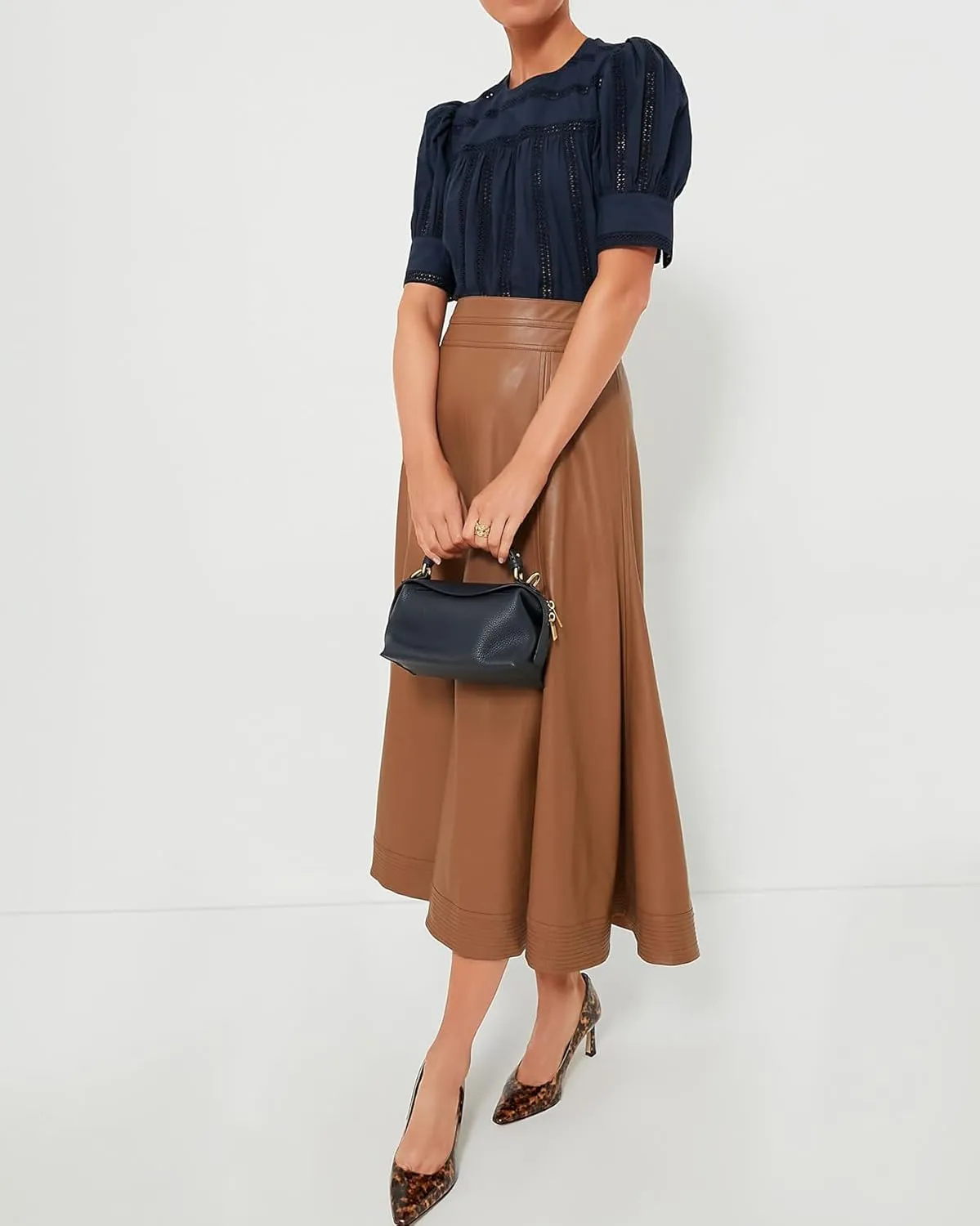 Women's Faux Leather Long Skirt High Waisted Pleated A Line Flare Skater Skirts