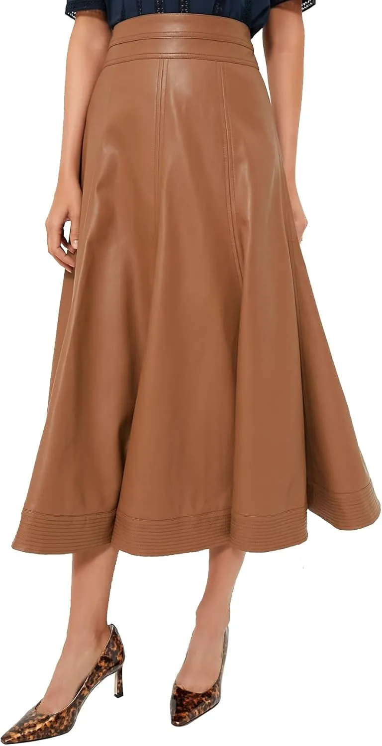 Women's Faux Leather Long Skirt High Waisted Pleated A Line Flare Skater Skirts