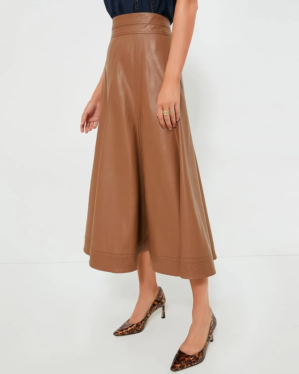 Women's Faux Leather Long Skirt High Waisted Pleated A Line Flare Skater Skirts