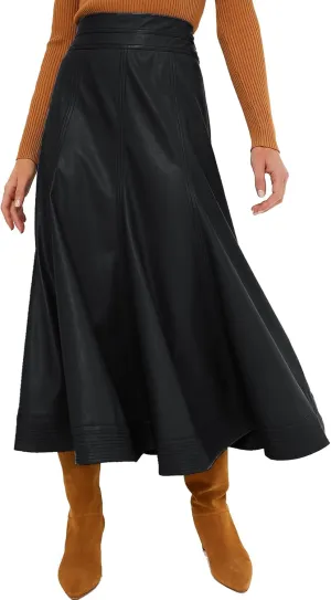 Women's Faux Leather Long Skirt High Waisted Pleated A Line Flare Skater Skirts