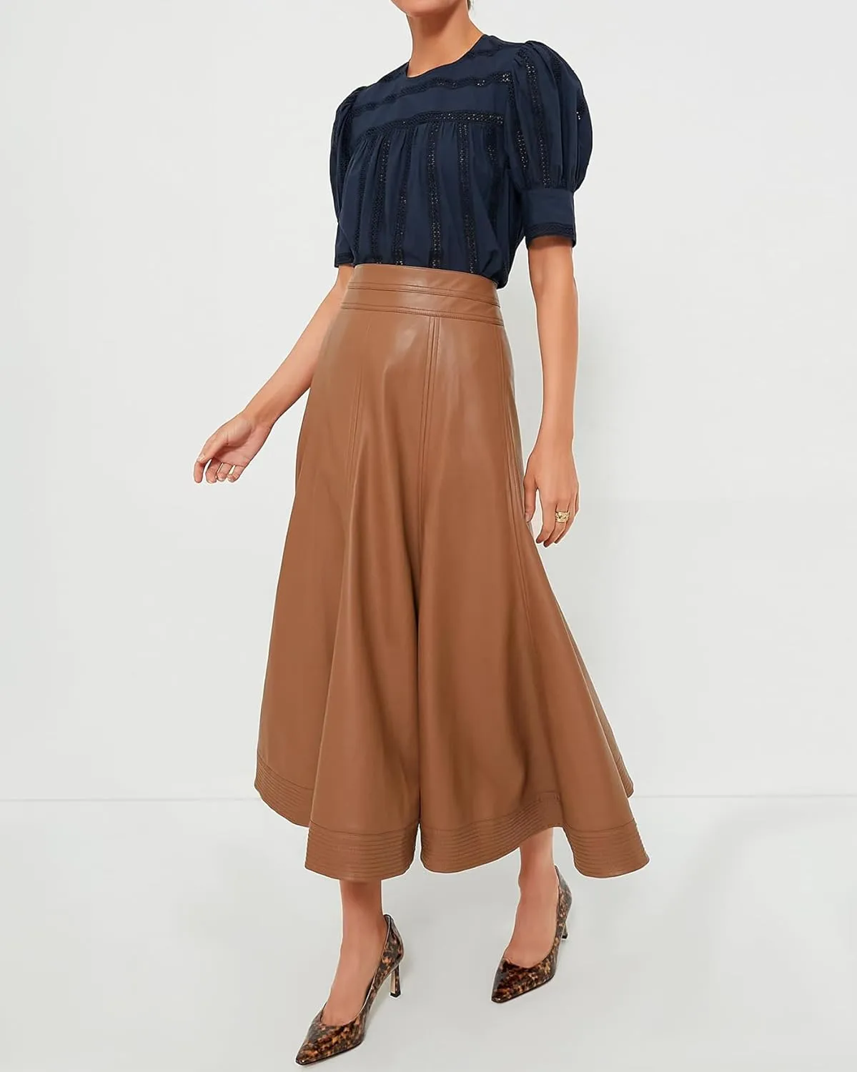 Women's Faux Leather Long Skirt High Waisted Pleated A Line Flare Skater Skirts