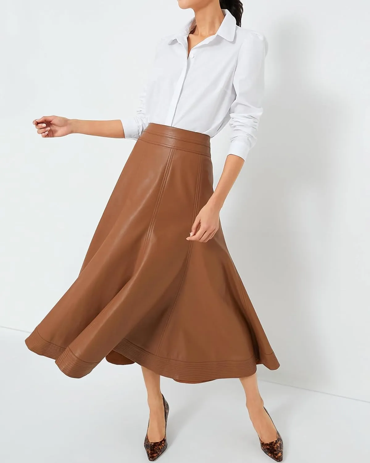 Women's Faux Leather Long Skirt High Waisted Pleated A Line Flare Skater Skirts