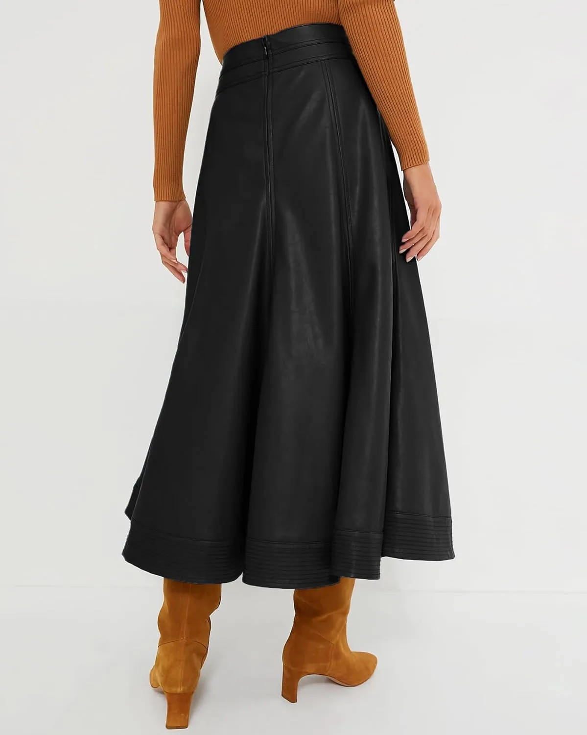 Women's Faux Leather Long Skirt High Waisted Pleated A Line Flare Skater Skirts