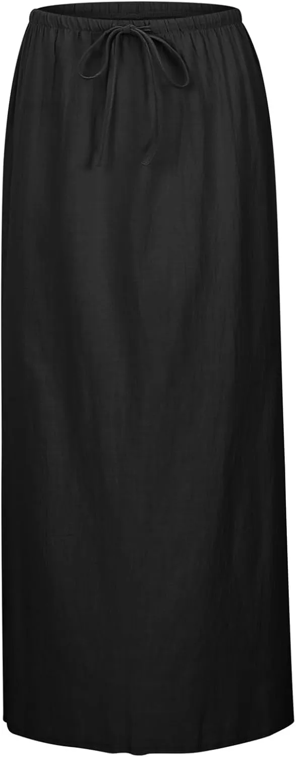 Women's Flowy Low Waist Linen Maxi Skirt A Line Low Rise Soft Bohemian Long Skirt Womens Casual Vacation Dressy Skirts