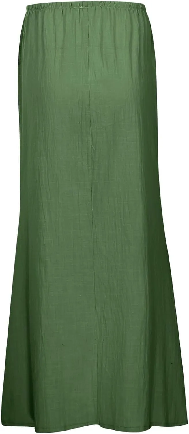 Women's Flowy Low Waist Linen Maxi Skirt A Line Low Rise Soft Bohemian Long Skirt Womens Casual Vacation Dressy Skirts