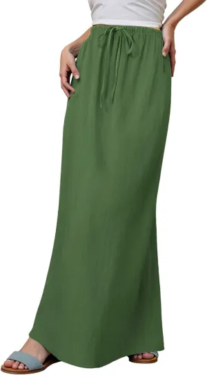 Women's Flowy Low Waist Linen Maxi Skirt A Line Low Rise Soft Bohemian Long Skirt Womens Casual Vacation Dressy Skirts