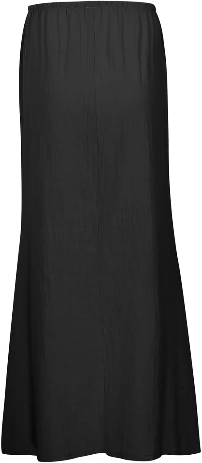 Women's Flowy Low Waist Linen Maxi Skirt A Line Low Rise Soft Bohemian Long Skirt Womens Casual Vacation Dressy Skirts