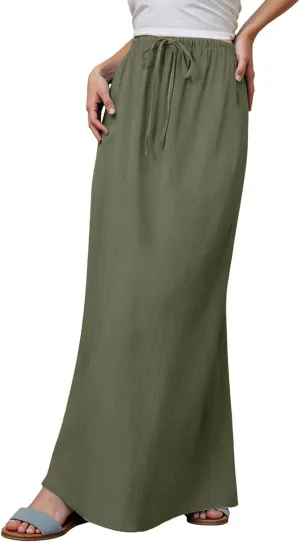 Women's Flowy Low Waist Linen Maxi Skirt A Line Low Rise Soft Bohemian Long Skirt Womens Casual Vacation Dressy Skirts