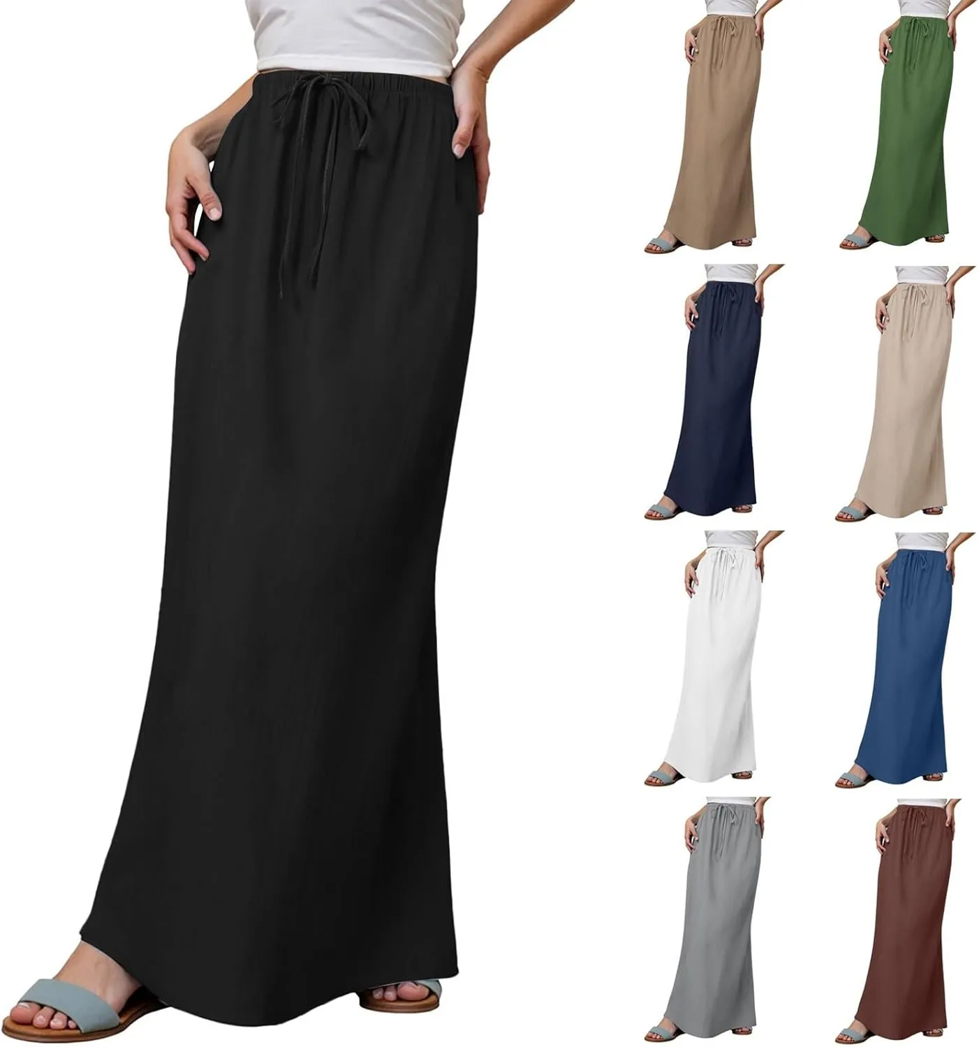 Women's Flowy Low Waist Linen Maxi Skirt A Line Low Rise Soft Bohemian Long Skirt Womens Casual Vacation Dressy Skirts
