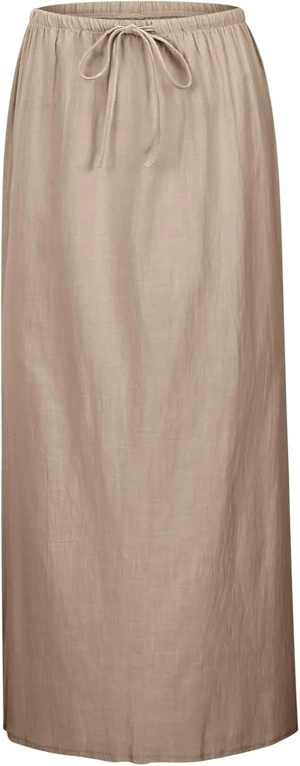 Women's Flowy Low Waist Linen Maxi Skirt A Line Low Rise Soft Bohemian Long Skirt Womens Casual Vacation Dressy Skirts
