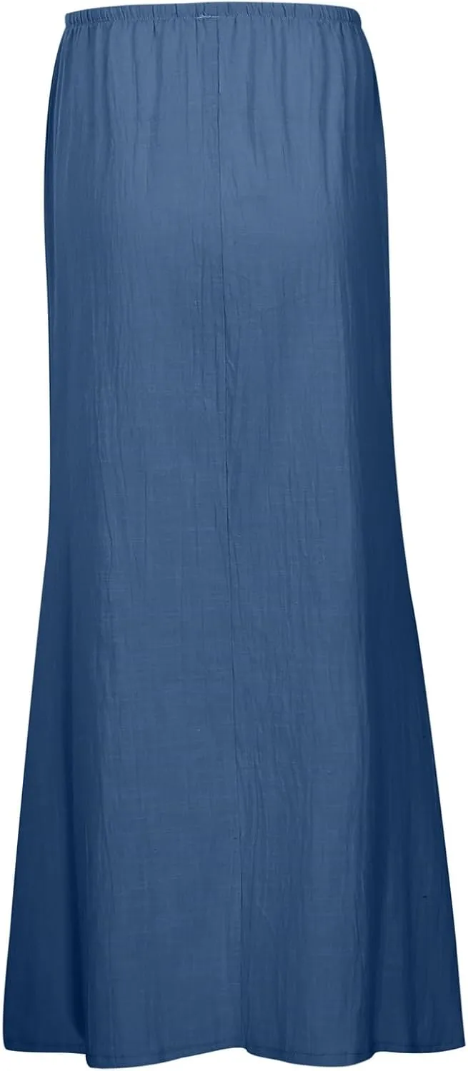 Women's Flowy Low Waist Linen Maxi Skirt A Line Low Rise Soft Bohemian Long Skirt Womens Casual Vacation Dressy Skirts