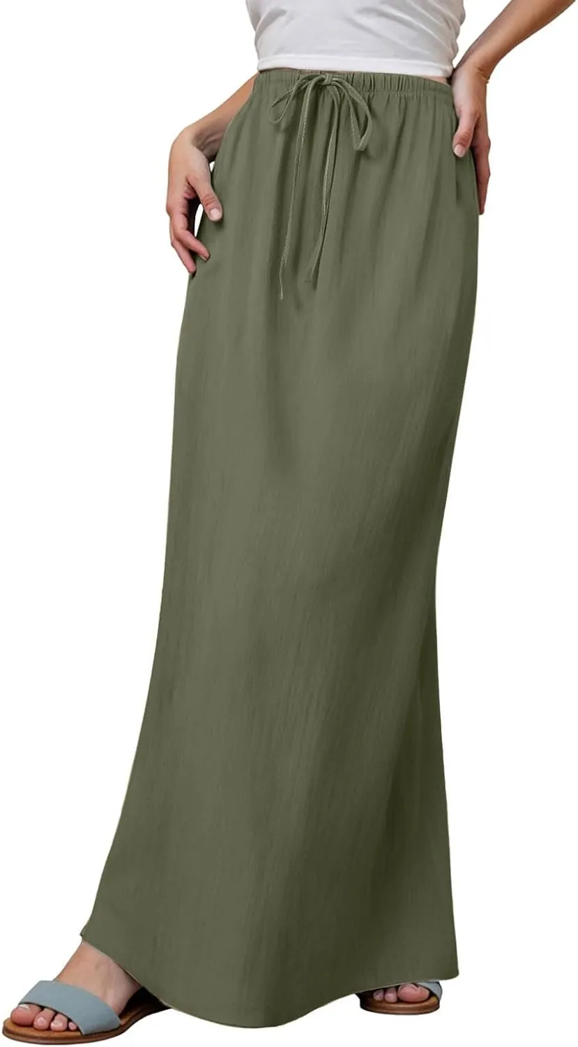 Women's Flowy Low Waist Linen Maxi Skirt A Line Low Rise Soft Bohemian Long Skirt Womens Casual Vacation Dressy Skirts