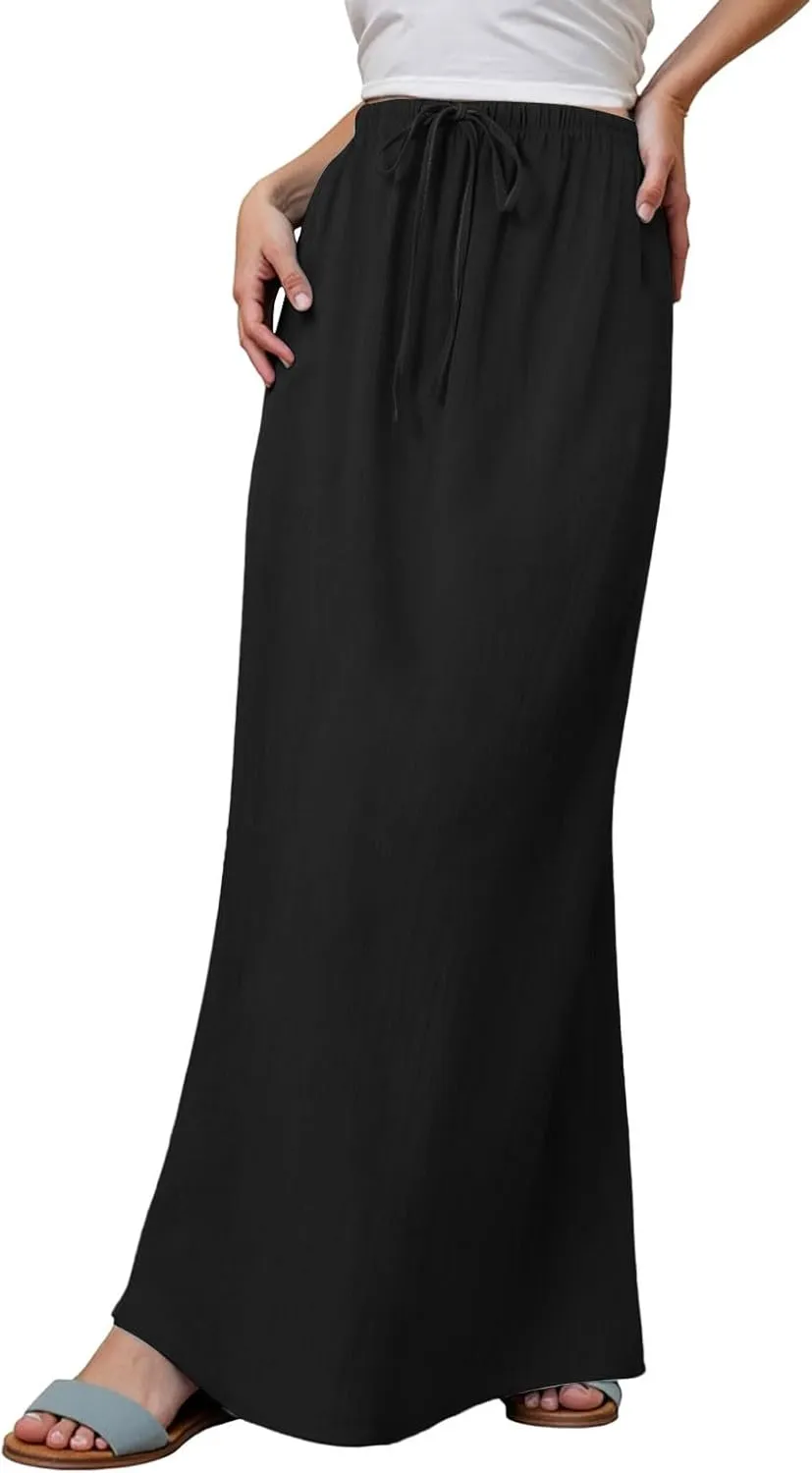 Women's Flowy Low Waist Linen Maxi Skirt A Line Low Rise Soft Bohemian Long Skirt Womens Casual Vacation Dressy Skirts
