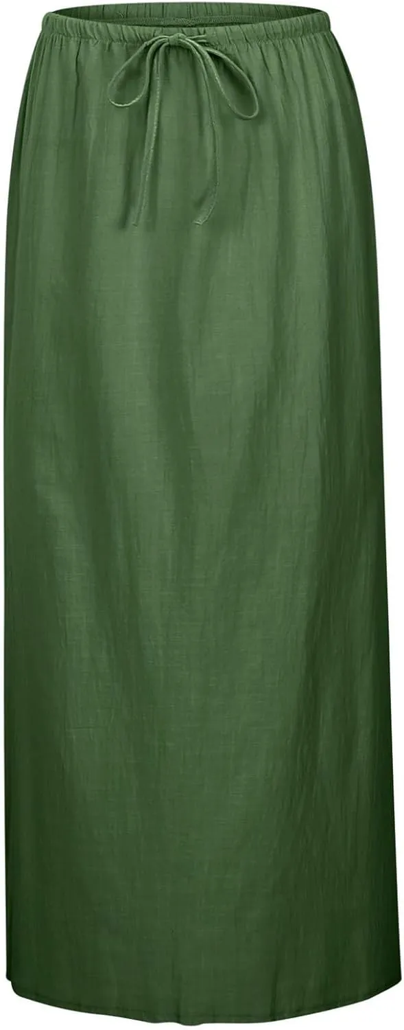 Women's Flowy Low Waist Linen Maxi Skirt A Line Low Rise Soft Bohemian Long Skirt Womens Casual Vacation Dressy Skirts