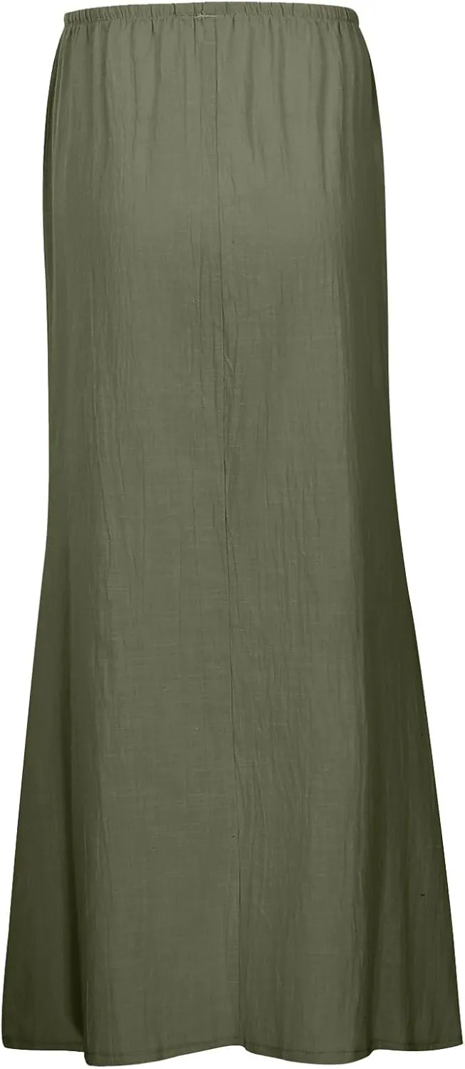 Women's Flowy Low Waist Linen Maxi Skirt A Line Low Rise Soft Bohemian Long Skirt Womens Casual Vacation Dressy Skirts