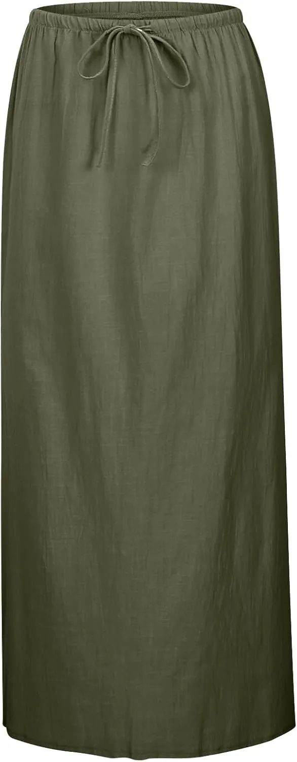 Women's Flowy Low Waist Linen Maxi Skirt A Line Low Rise Soft Bohemian Long Skirt Womens Casual Vacation Dressy Skirts