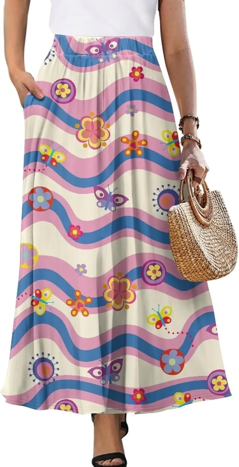 Women's Flowy Midi Length Skirts with 2 Pockets Fall Casual Pleated Maxi Skirt Soft Swing A-Line Boho Flora Long Skirt S-XXL