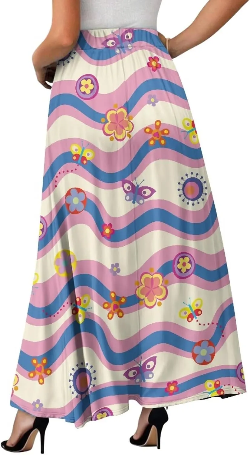 Women's Flowy Midi Length Skirts with 2 Pockets Fall Casual Pleated Maxi Skirt Soft Swing A-Line Boho Flora Long Skirt S-XXL