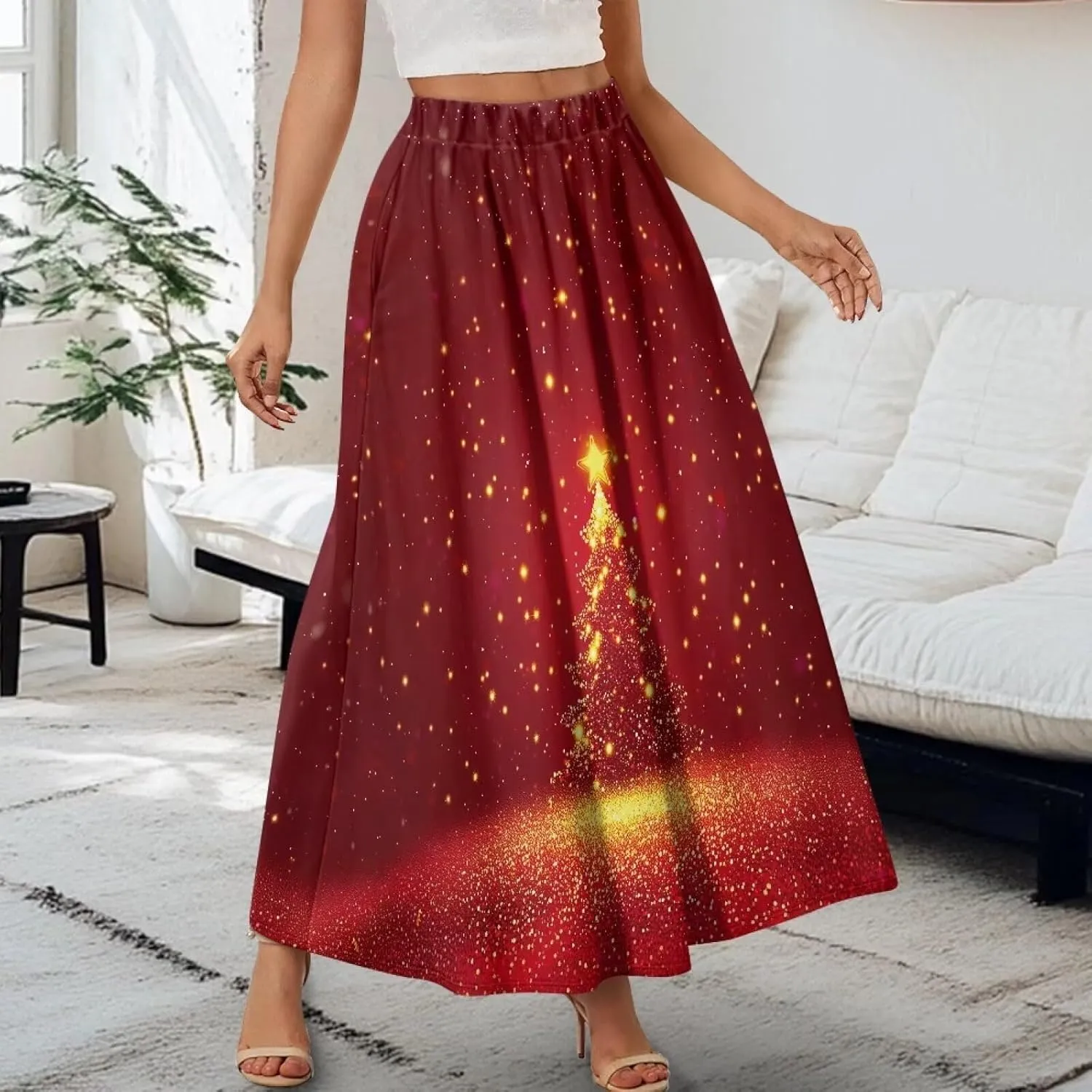 Women's Flowy Midi Length Skirts with 2 Pockets Fall Casual Pleated Maxi Skirt Soft Swing A-Line Boho Flora Long Skirt S-XXL