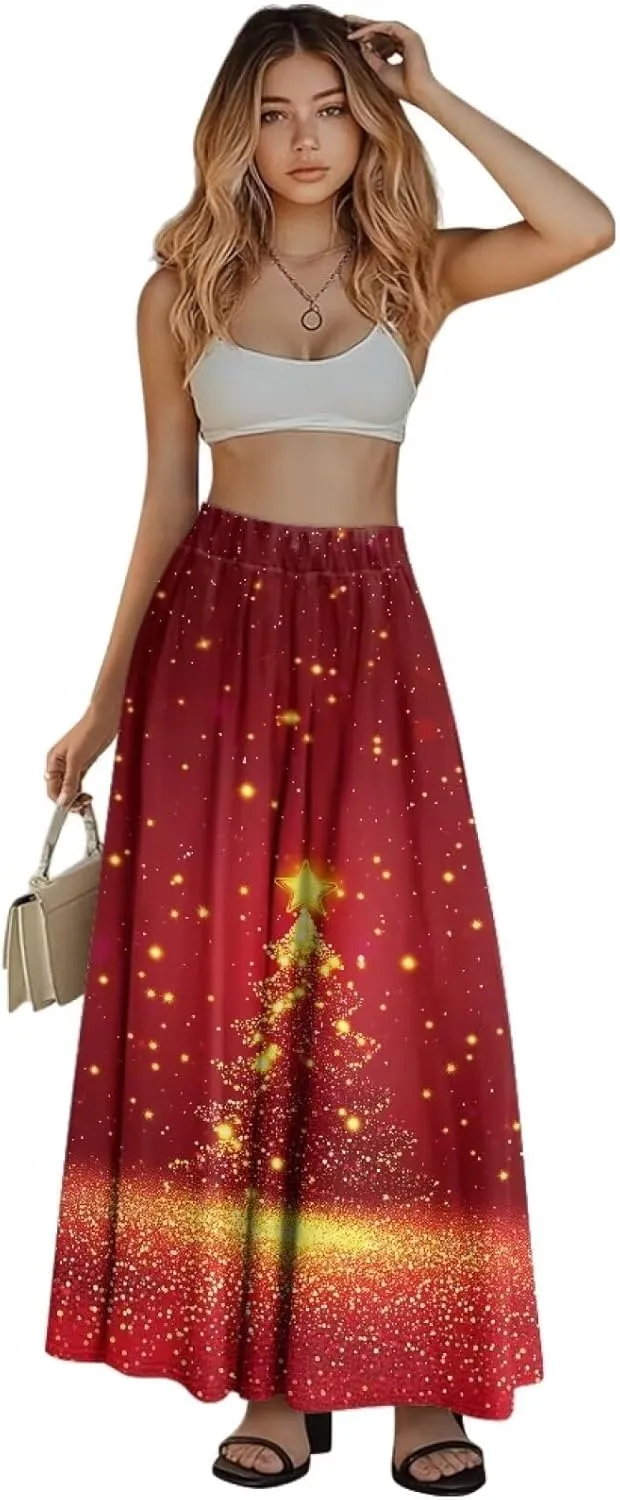 Women's Flowy Midi Length Skirts with 2 Pockets Fall Casual Pleated Maxi Skirt Soft Swing A-Line Boho Flora Long Skirt S-XXL