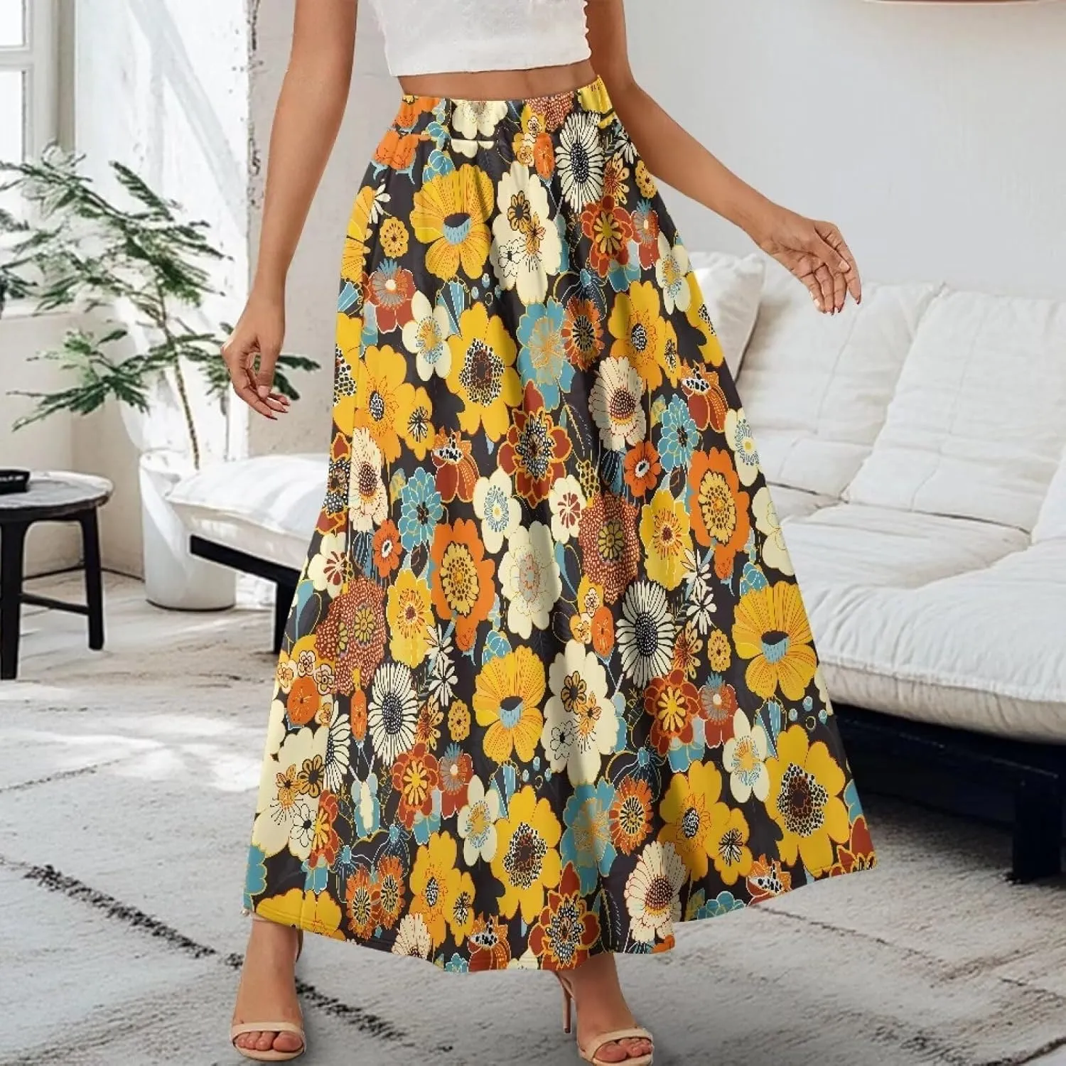 Women's Flowy Midi Length Skirts with 2 Pockets Fall Casual Pleated Maxi Skirt Soft Swing A-Line Boho Flora Long Skirt S-XXL
