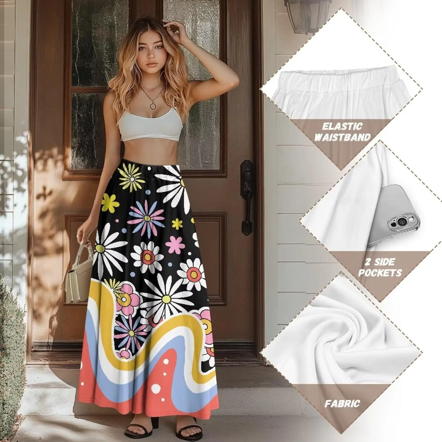 Women's Flowy Midi Length Skirts with 2 Pockets Fall Casual Pleated Maxi Skirt Soft Swing A-Line Boho Flora Long Skirt S-XXL