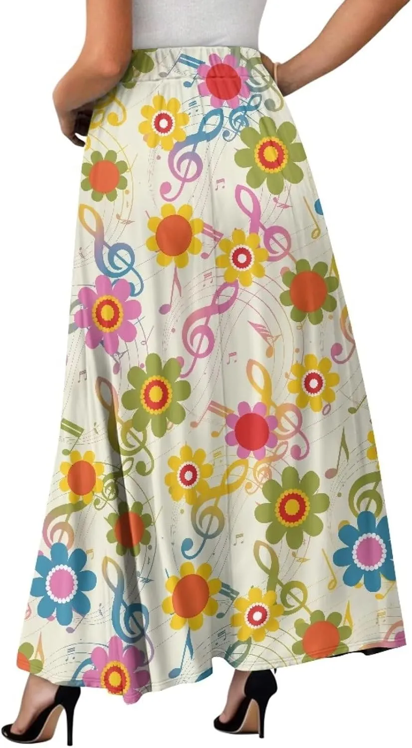 Women's Flowy Midi Length Skirts with 2 Pockets Fall Casual Pleated Maxi Skirt Soft Swing A-Line Boho Flora Long Skirt S-XXL