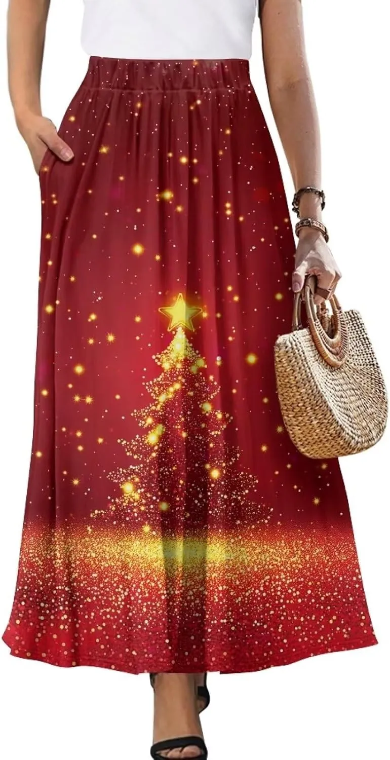 Women's Flowy Midi Length Skirts with 2 Pockets Fall Casual Pleated Maxi Skirt Soft Swing A-Line Boho Flora Long Skirt S-XXL