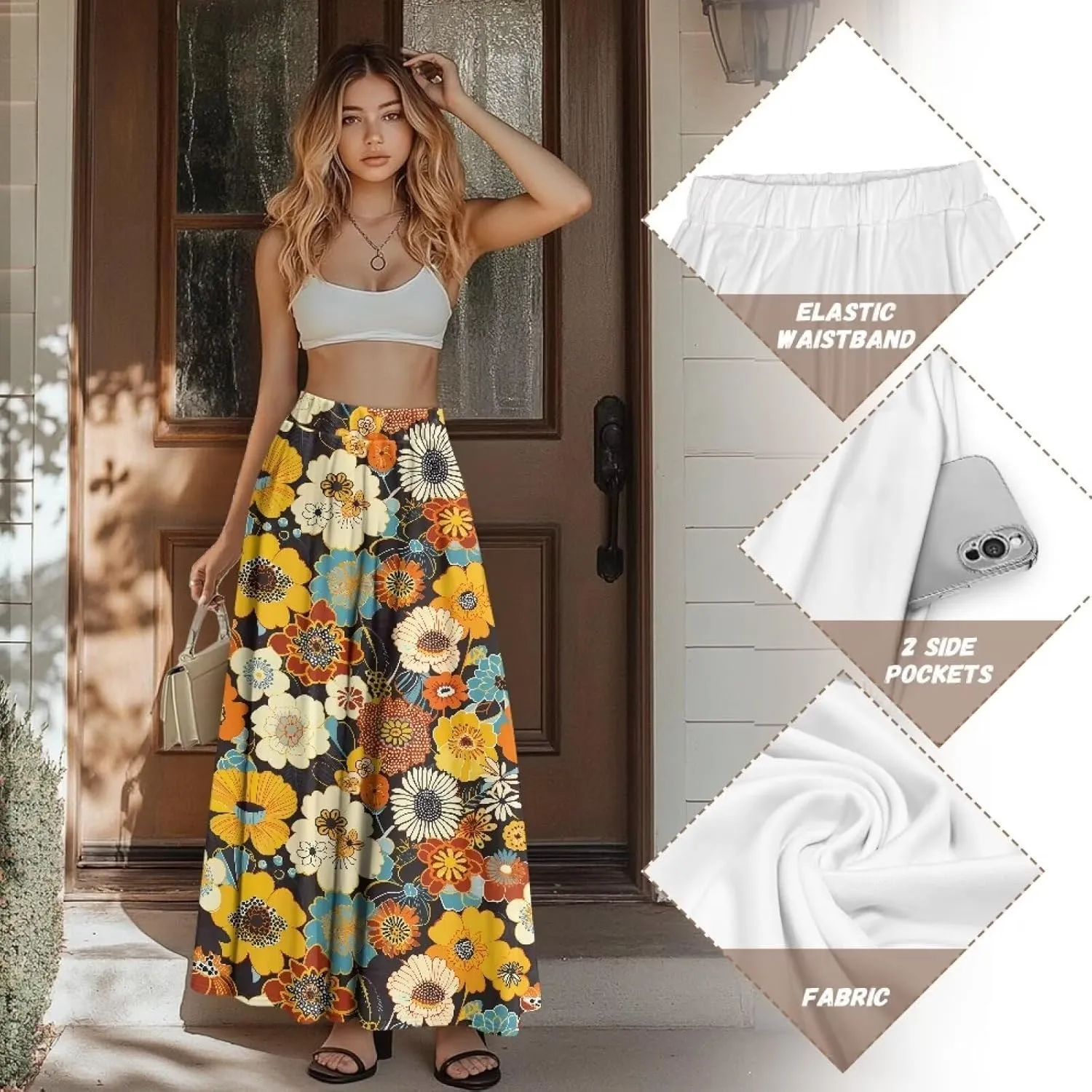 Women's Flowy Midi Length Skirts with 2 Pockets Fall Casual Pleated Maxi Skirt Soft Swing A-Line Boho Flora Long Skirt S-XXL